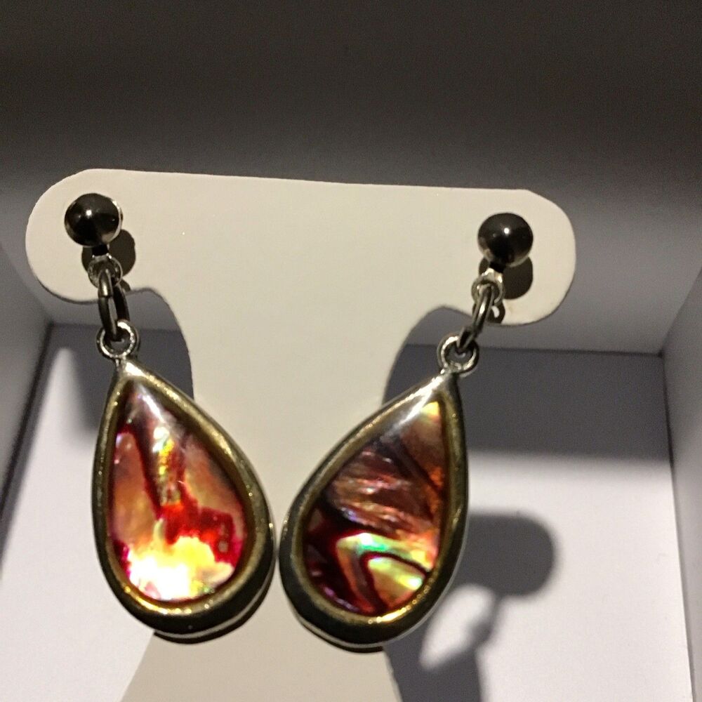 Iridescent Ammolite Earrings Red/Orange Color Changers, Teardrop Shape Boho Chic - Picture 5 of 8